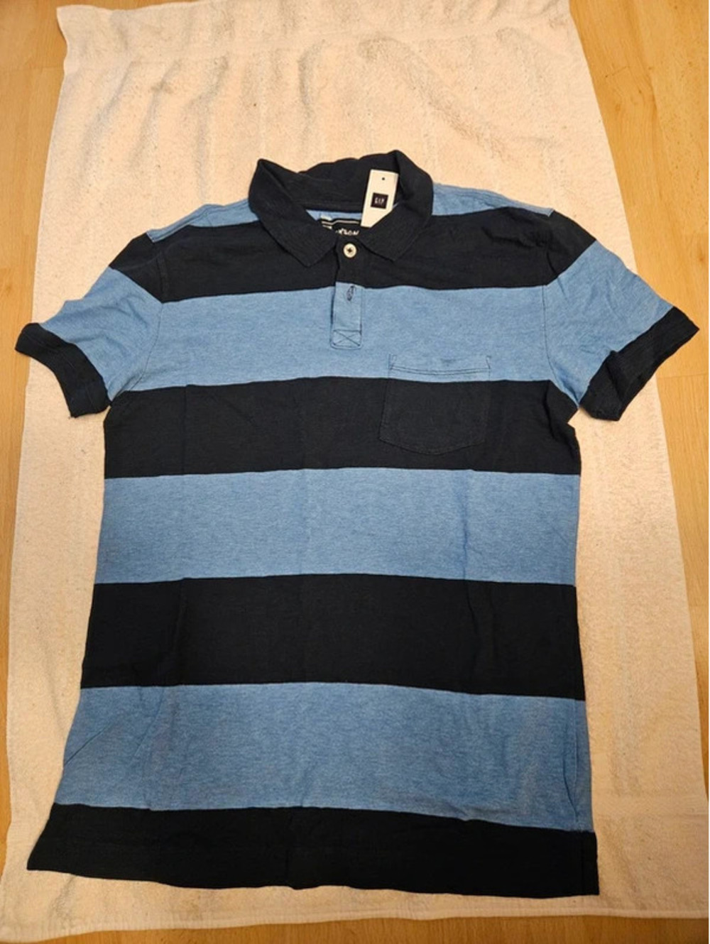 GAP The Stinson Slub Polo Shirt Men's Small Blue Navy Striped Pocket 100% Cotton